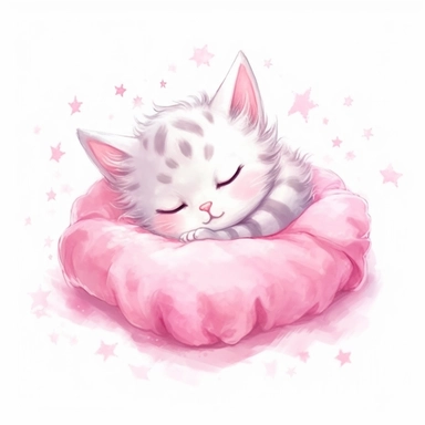 Kawaii kitten sleeping on a pink pillow, super cute, so adorable that is breaks your heart, full body, watercolor clipart, isolated on white background, cute - core