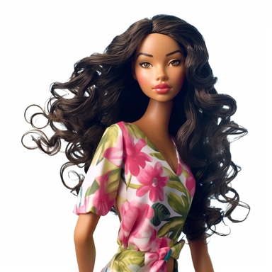 Beautiful pretty barbie doll hawaiian style, dark hair, paint art style, detail, clipart, white background, superrealistic, one of a kind