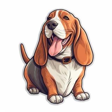cute Basset Hound, happy and smiling, bold line, clipart, sticker, white background, no shadow, 8k detail
