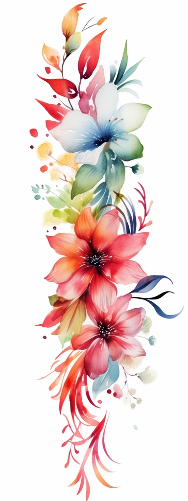 watercolor christmas flower border, clipart isolated on clear white background, bright colors, boho, lithograph, 32k uhd, textural