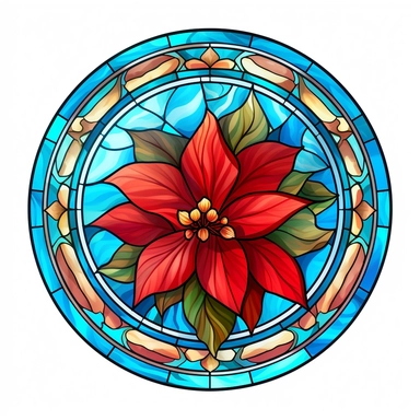 Circle stained glass of a beautiful poinsettia plant: Symbolizes holiday cheer, the beauty of nature during winter, and traditional Christmas decor, clipart on solid white background