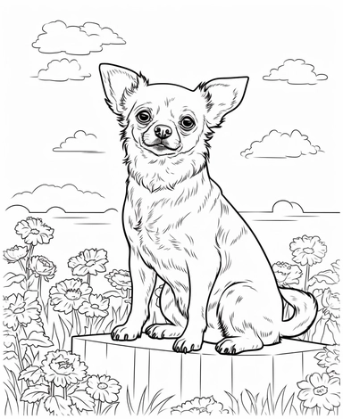expert coloring page style of realistic Chihuahua Dog breed Clipart, simple garden background, simple line art, line is crisp and clean, easy to color, masterpiece