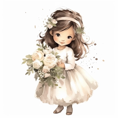 Wedding day romantic delicate clipart elements, flower girl child throwing flowers, watercolors, thick lines, detailed, defined edges atyle raw, soft colors