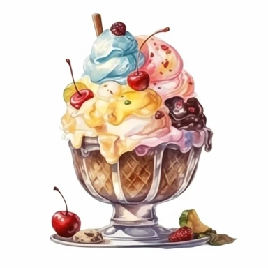 Watercolour of a Ice Cream sundae, Clipart,Cartoon,hyper realistic, intricate detail isolated on a white background, high quality, sublimation, detailed, cartoon style
