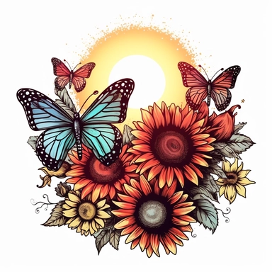 boho colored, rainbow sunset, with sunflowers, and butterflies, classic tattoo motif, clipart on white background, engraved line work, retro, borders