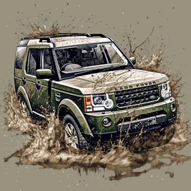 car clipart,sketch,t-shirt design vector graphics, dark green land Rover discovery 3 year 2005, sand AND water Splash, high detail design,high quality,contour, no text, identification symbol, 8k,--ar 3:4,--c 80