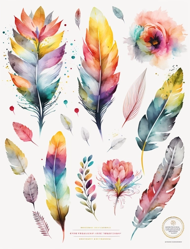 watercolor flower and feather elements, clipart, vibrant rainbow colors, flower petals, leaf elements, blossom elements, white background, 8k, high reso