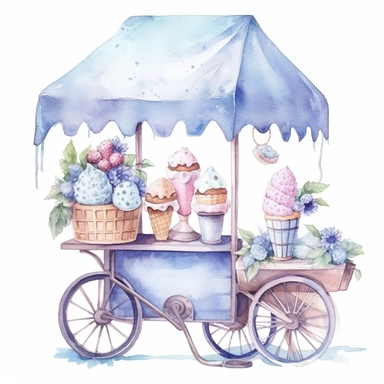 Watercolor wedding icecream blue stand, wedding clipart, simple, soft colors, cartoon elements, watercolor boho style, white transparent