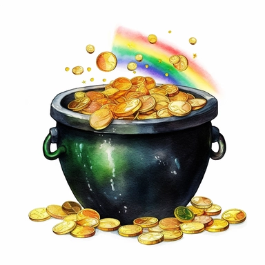 watercolor black pot of gold coins with a rainbow sticking out, watercolor clip art, watercolor black pot of gold coins with a rainbow sticking out, white background, highly detailed, 8k, clip art