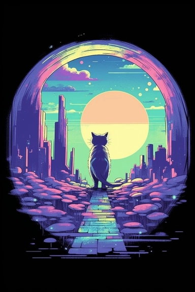 cat vector T shirt design, environment, road, wide view * color pen and ink, illustration, circular design, circular border, realistic, circular chape, t-shirt design tshirt design, in the style of Studio Ghibli, pastel tetradic colors, 3D vector art, cute and quirky, fantasy art, watercolor effect, bokeh, Adobe Illustrator, hand-drawn, digital painting, highly detailed clean, vector image flat white background, isometric, vector image, clipart, front view, retro style, white background, colorfu