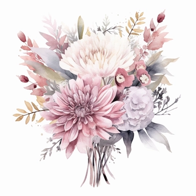 one watercolor wedding bouquet clipart on a white background, in the style of light pink and white, intricate floral arrangements, white and bronze, intricate embellishments, sterling silver highlights, bold traditional, blurry details , no watermark, text, 300 DPI , typography, shapes do not stick together, no text in the picture, on a white background