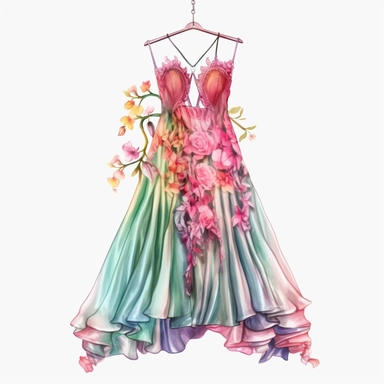 panoramic view, full view, beautiful flowing tropical party dress in vibrant colors on ornate hanger, shabby chic, elegant, ethereal, romantic, fantasy, high detail, shabby chic, sharp focus, 8k, illustration sketch, clipart style, transparent background