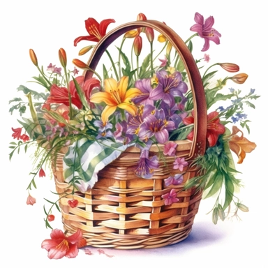 Clipart Watercolor in a colorful countryside setting with wild vegetation, a wicker basket with a bunch of beautiful colorful lilies inside the basket, the basket decorated with silk ribbons, delicate shadows, detailed realistic, white background