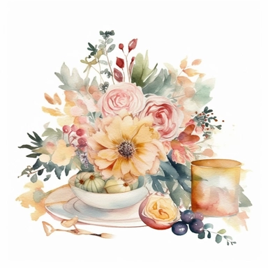 watercolor pastel clipart modern wedding banquet with florals, HD 4K Detail, white background