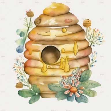 Imagine a charming watercolor clipart that depicts a bee house nestled in a blooming garden. The artwork showcases a whimsical bee house, painted with vibrant and earthy watercolor strokes. The house is adorned with intricate details, such as delicate windows, a welcoming entrance, and a pitched roof, all capturing the charm and cozy atmosphere of a bee's sanctuary. The surrounding garden is filled with an array of colorful flowers, carefully painted with soft watercolor hues, providing a pictur