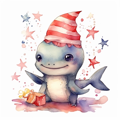 4th of july,cutest little nursery shark with big eyes, full body, pen and ink with watercolor, seaweed, jelly fish, little fish, pearlescent horn, sparkles, glittery, clipart sheet, nurseycore