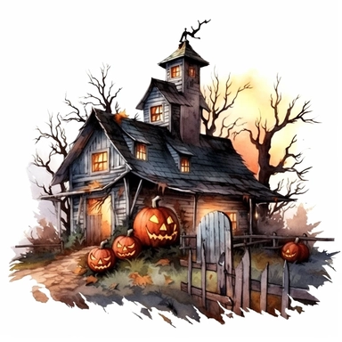 very detailed watercolor haunted halloween barn at night, country side, trees, ball of hey, svg graphics, in the style of realistic landscapes, j.c. leyendecker, monumental murals, colorized, white background, clipart, vintage cut-and-paste