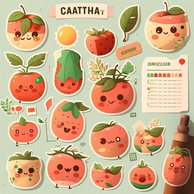 cute tomate sticker set, sticker pack, sticker sheet, character sheet, multiple stickers, Watercolor Clipart, chibi, simple, minimal art, hand-drawn, vector art, adorable, lovely, whimsical, cute and quirky, watercolor effect, bokeh, low-poly, retro aesthetic, 4K resolution, photorealistic rendering, using Cinema 4D