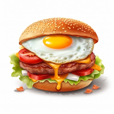Hamburger with fried egg, clipart, illustration