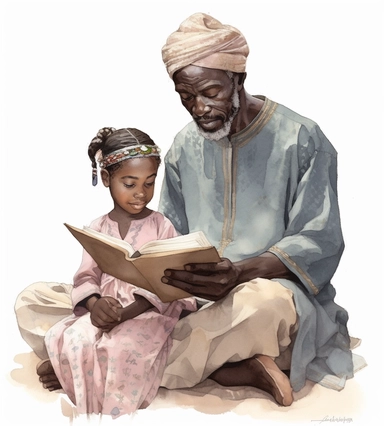 DESIGN A MAGNIFICENT AND EXQUISITE BREATHTAKING ONE-OF-A-KIND HIGH QUALITY HIGHLY DETAILED MASTERPIECE WATERCOLOR CLIPART ILLUSTRATION OF father READING A BOOK to HIS daughter book discussion, in the style of watercolor illustrations, vibrant colorism, bentwood, realistic images, animated gifs, bamileke art, light gray and dark emerald, WHITE BACKGROUND, NO FONT, NO TEXT, NO WORDS, NO WATERMARK
