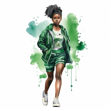 watercolor, black woman dressed up in harry potter slytherin clothing, green and black tennis shoes, style of eric carle white background, clipart