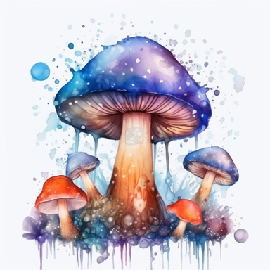 watercolor mystical magic mushrooms clipart with flowers berries, water drips on mushroom, magical illustration, in the style of realism with fantasy elements, drips and splatters, hyper-realistic water, light orange, blue and purple, uhd image, , mesmeri