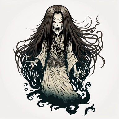 a scary yokai ghost with a sinister smile and long dark hair, evil, malevolent, white background, extremely high details, vector graphics, clipart, clip art, no background