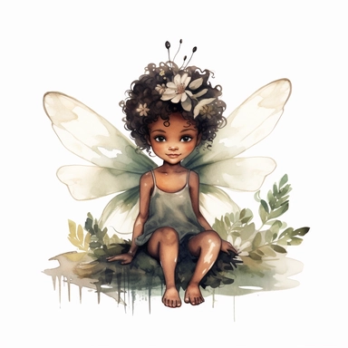 ultra beautiful cute baby girl black skin fairy elf, pixie with beautiful buttefly style wings in a sitting position holding a flower in the woods clipart, water color illustration, mary cecily baker style ,white background
