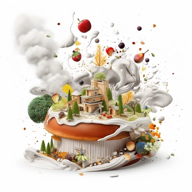 White background. Clipart. food. magical foodscapes made from mouthwatering dishes that are transformed into extraordinary landscapes. mystical, beauty of nature elements, touch of fantasy, visually stunning, enchanting, imagination, culinary, extraordinary. Clipart. White background.