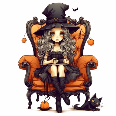 halloween cute witch sitting on a 18th century chair, clipart, in the style of tim burton, background is only white