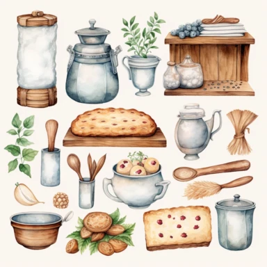 watercolor country kitchen baking items clipart