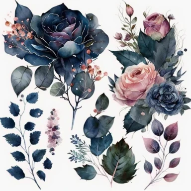 Watercolor illustration of navy blue and pink roses clipart with some wild leaves and florals isolated cozy object on white background, magical colors, white background, watercolor, hyperrealism, high detail, isolated elements, clipart