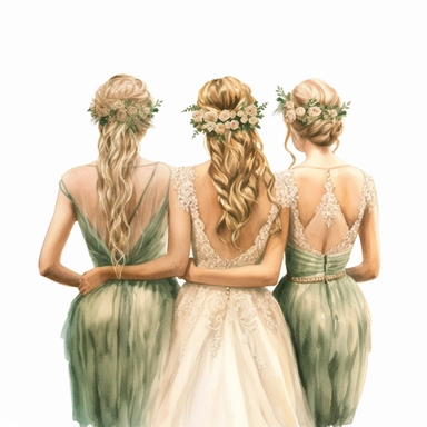 glamour dolce & gabbana half body back shot, watercolor white wedding dress bride wedding hairstyle with beautiful gold headpiece clipart, + two bridesmaids in sage green dress, hd, isolated on white background, spaced out ar 3:2
