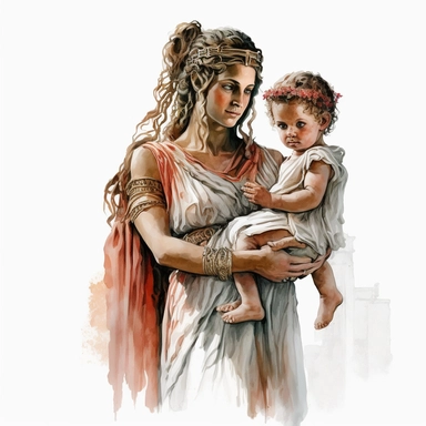 a beautiful and ultra realistic hellenistic dressed happy woman holding her hellenistic dressed baby with watercolor effect,full body,ultra realistic,ancient greece vibe,white background,suitable for digital clipart,hellenistic scene,ancient greece,vibrantly colors,greek columns