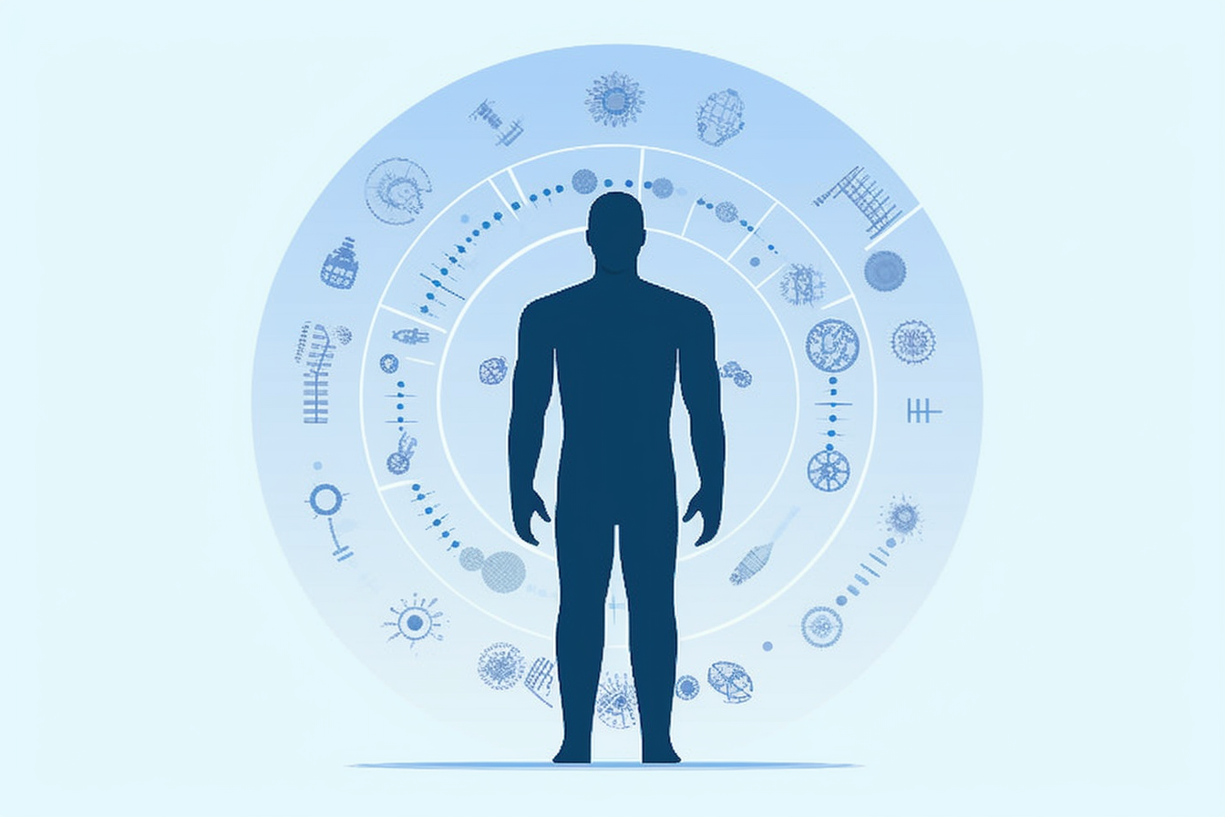 flat illustration of a man standing with medical measurements floating  around his body, happy, AI, science