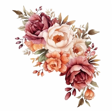 clear watercolor burgundy and peach peonies in corner arrangement border, hyper detailed, high definition, ultra realistic, clipart, white background,