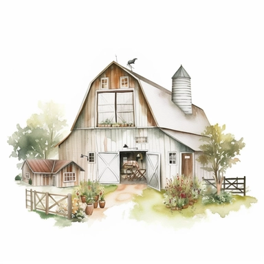 pretty white painted barn clipart, painted white, pretty charming farmyard setting with plants trees and farm accessories, fence, detailed watercolor illustration, light color palette, farmyard accessories, isolated on white background