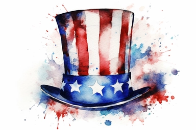 watercolor, patriotic, red white and blue top hat, clipart, hd, on white background, spaced out,