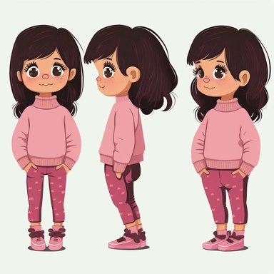 clipart little girl, 6 years old, cute, 4 different poses with same outfit on each, front and side view, wearing a plain pink jumper and plain pink trousers, plain pink shoes, black hair, smiling