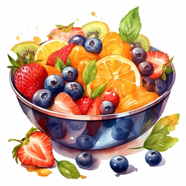 Design a clipart image of a fruit salad in a watercolor style, with oranges, strawberries, and blueberries. Add some green leaves to make it more vibrant. You can add white flowers and green leaves to the design.