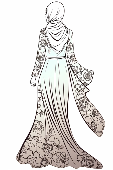 coloring page of a Hijabi woman back full body view clipart illustration, no face is seeing, muslim lady clipart, veiled woman clipart, floral lady hijab clipart , coloring book page for teens, no text, clean and simple line art