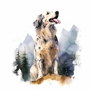 Painting and Illustration Watercolor Print Portrait of a Huge Dog Standing on Its Two Feet in the Woods Sticking Out Its Tongue and Mountain Behind It Wall Art Clipart Printable Art Watercolor Painting Watercolor Appaloosa Mountain Dog Art Udal Art for Commercial Use