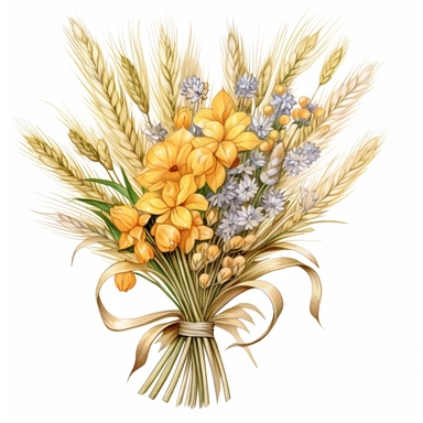 bouquet of wheat and wildflowers color pencil sketch on a white background for clipart