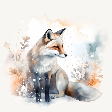 Create a clipart of a fox in a wintery scene, with snowflakes falling around it. The fox's fur should have a mix of cool tones, such as gray and blue, to convey the chilly atmosphere. The watercolor application can create a soft and dreamy effect, while the white background will enhance the wintry ambiance of the clipart.
