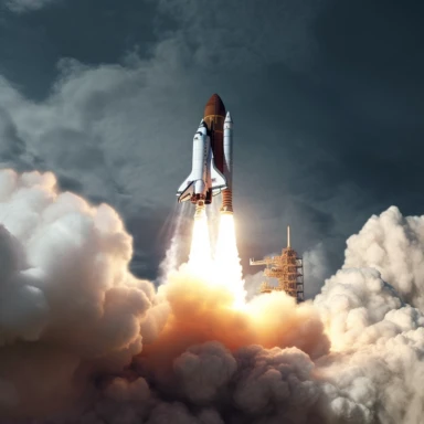 Clipart, A space shuttle launching from Earth with a trail of smoke, hyperrealistic, hyper high definition