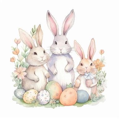 bunny family celebrating easter, easter eggs, pastel flowers, watercolor, clipart, isolated white background