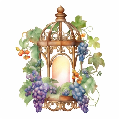 water color, one, 1, old Victorian candle holder covered in vines and flowers, late night, in a cottagecore style, white background, clipart style
