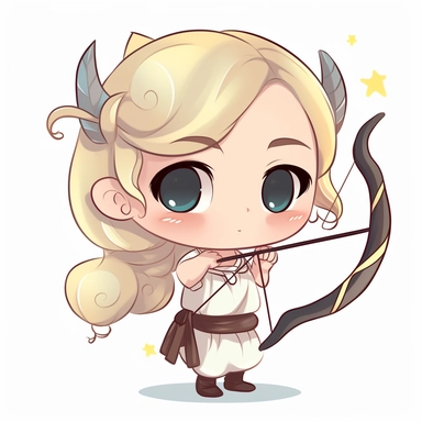 cute chibi clipart Artemis woman with a bow and arrow, wearing tunic and have a crescent moon on her forehead