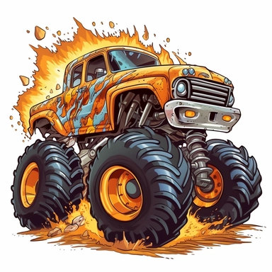 cartoon monster truck crushing an old car clipart isolated on a white background flames coming out of the back