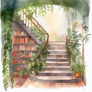 watercolor overgrown library hallway stairs clipart, no background, greenery